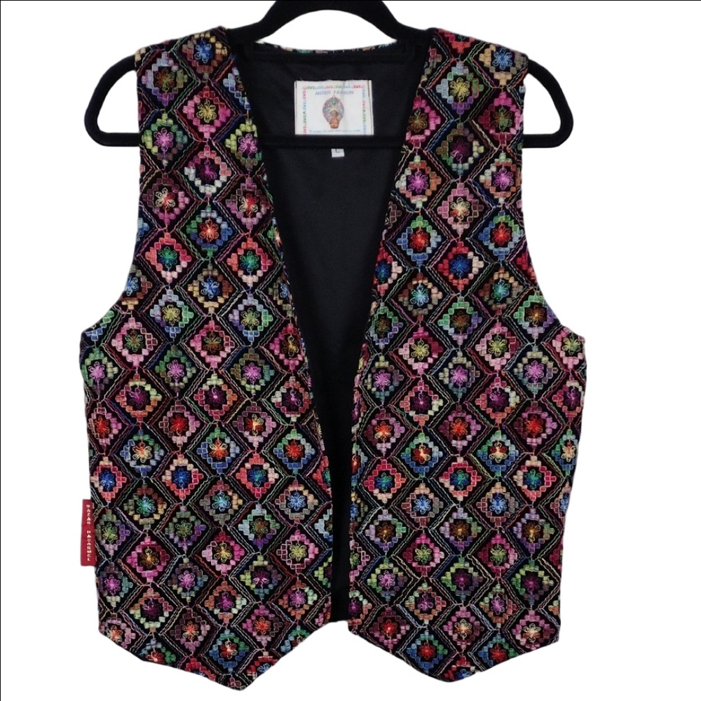 Anter Fashion Bazar Hacarmel Black Multicolored Floral Embroidered Casual Vest